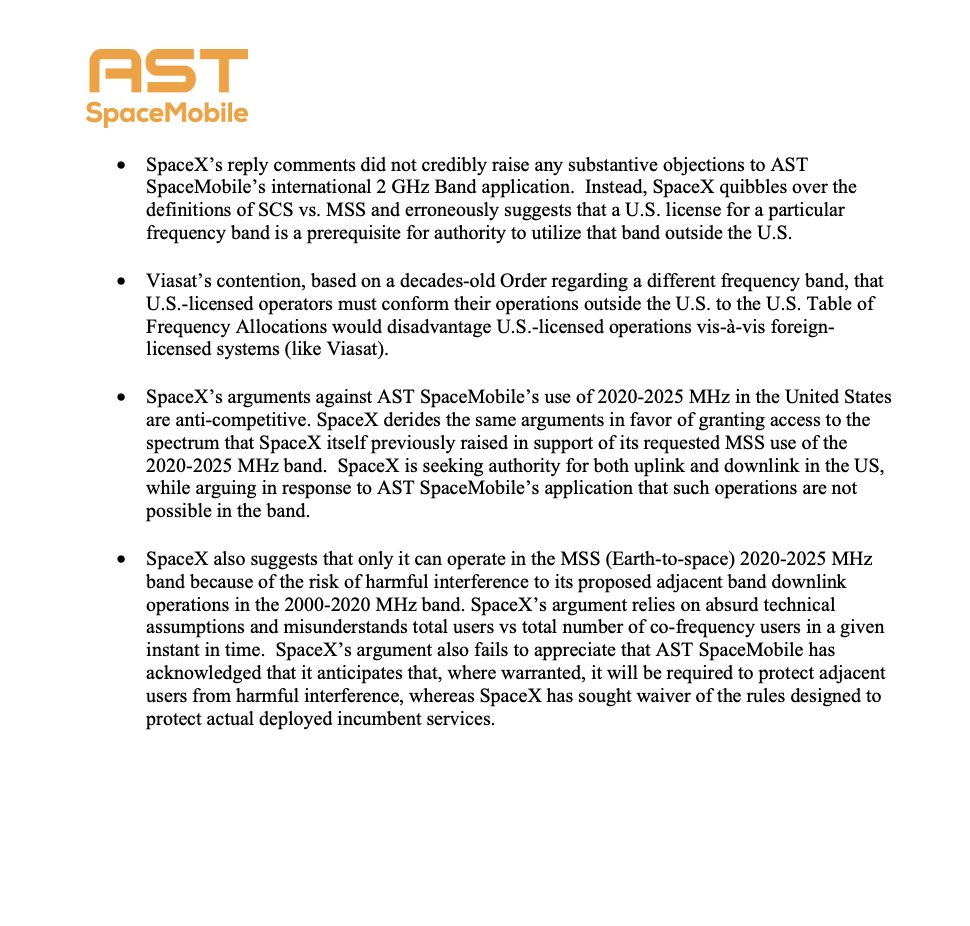 $ASTS: Ex Parte meeting regarding the International S Band approval and Domestic 2Ghz 

Topics include:

+ SpaceX proposed acquisition does not confer exclusive rights to 60 Mhz S band globally
+ Chile, Brazil, EU, and Tobago have licensed more than one operator in the 2Ghz band