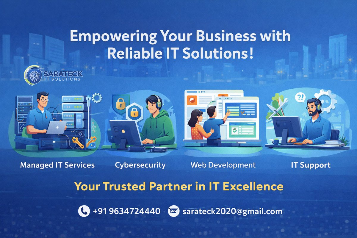 Sarateck1's tweet image. 🚀 Grow your business with expert IT solutions from Sarateck

✔ Managed IT Services
✔ Cybersecurity
✔ Web Development
✔ IT Support
📞 +91 9634724440
📧 sarateck2020@gmail.com
🌐 sarateck.com
#ITServices #CyberSecurity #WebDevelopment #Sarateck