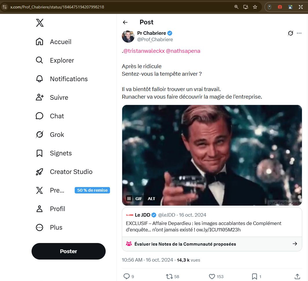 conspis_en_pls's tweet photo. Tristan Waleckx, Complément d'enquête, Depardieu
.....et l'analyse d' Eric Chabrière, 1er lieutenant de Didier Raoult
#howitstarted VS #howitended
ça a commencé comme ça....
https://t.co/1FDGwKybS7
...et ça a fini comme ça
https://t.co/pP14o6sl3Y
🤣 https://t.co/4HrQFLX2iq