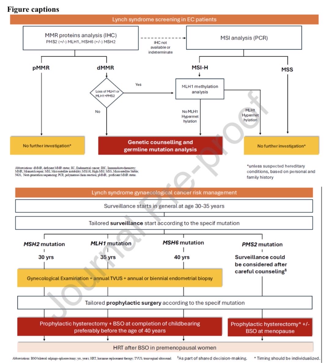🧬 How to NOT miss Lynch syndrome in endometrial cancer

This ESGO flowchart is 🔥 for real-world practice.

Here’s the algorithm simplified:

🔍 Step 1: Screen ALL EC patients
👉 Start with MMR IHC (MLH1, MSH2, MSH6, PMS2)

📊 If pMMR → ✅ Stop (unless strong family history)