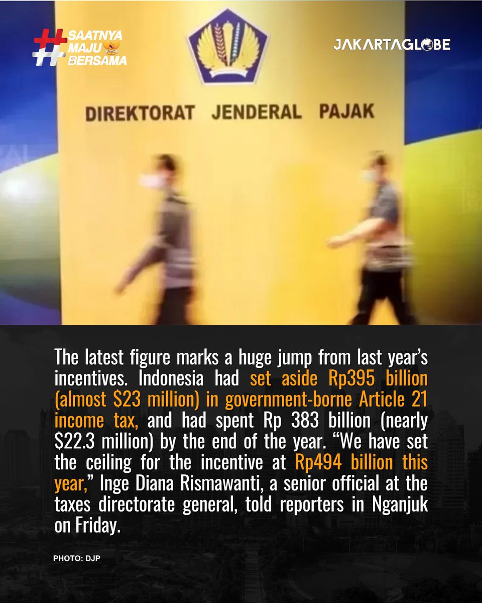 thejakartaglobe's tweet image. Indonesia has allocated Rp 494 billion (about $28.7 million) to cover Article 21 income tax for workers in strategic sectors.

Read more on Jakarta Globe!

#jakartaglobe #Economy #IncomeTax #Workers #FiscalPolicy #Business