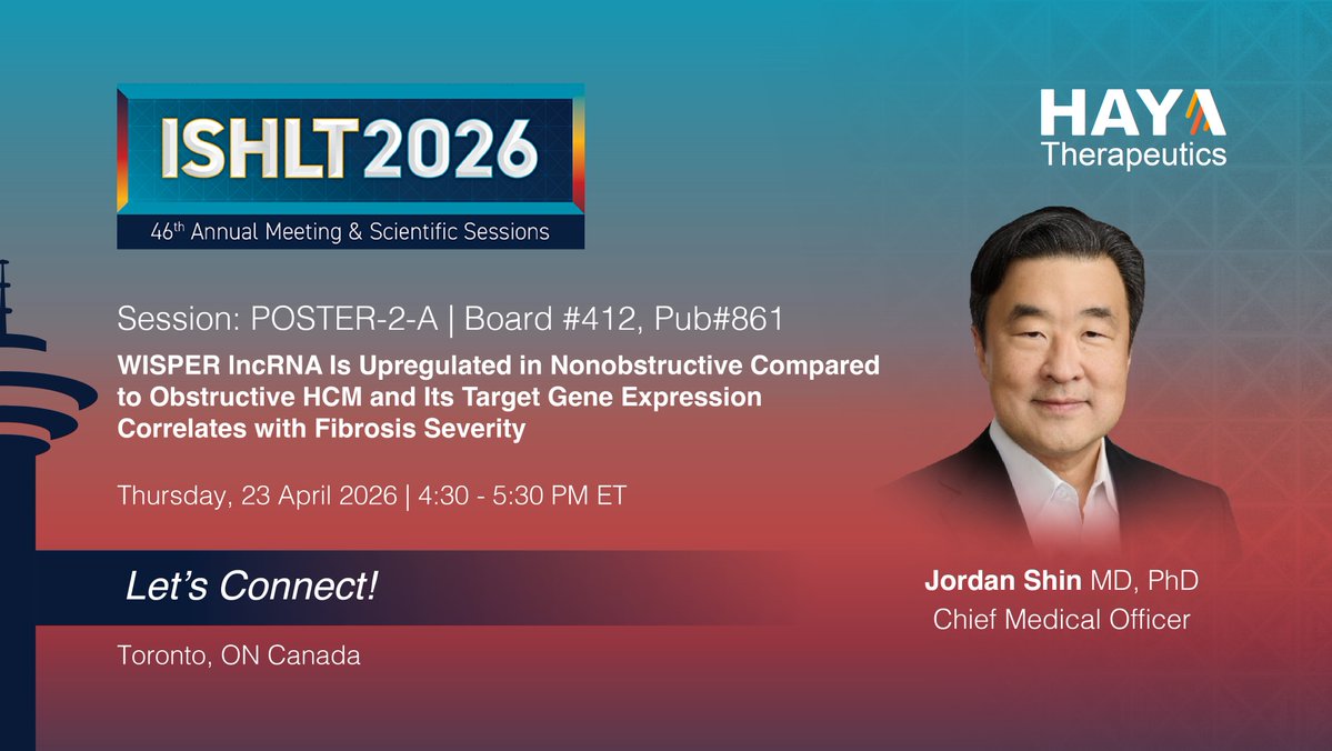 HAYA_lncRNA's tweet image. Heading to #ISHLT2026 in Toronto? ✈️

Join #HAYA’s CMO, Dr. Jordan Shin, at the #PosterSession to learn about our emerging data validating the lncRNA WISPER in HCM patients, alongside the latest advancements for #HTX001, our #ASO development candidate.