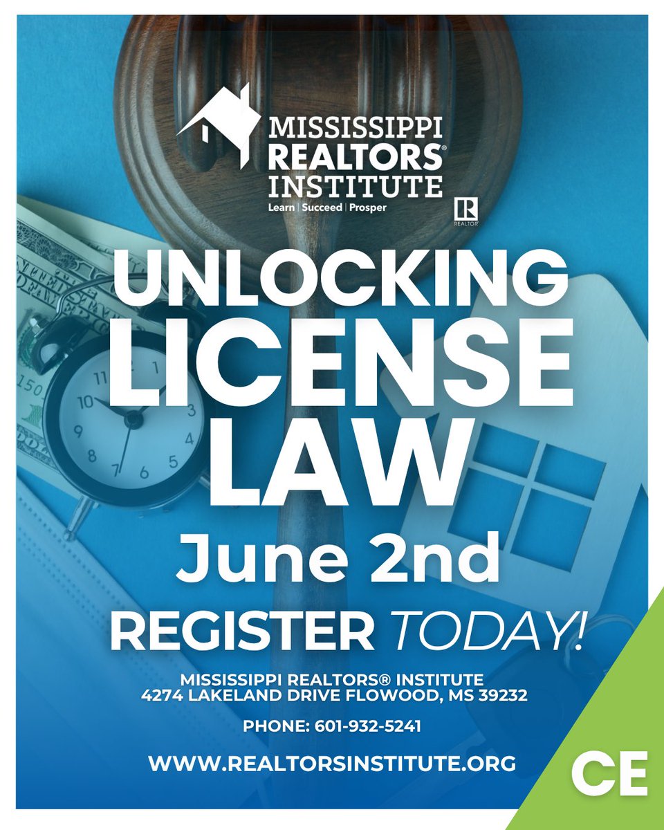 REALTORInstitut's tweet image. Join us for Unlocking License Law on June 2. This course will present to attendees the fundamental purpose, requirements, forms, and duties of real estate licensees in the state of Mississippi.
Register now!

#MSREALTORS®Institute #LicenseLaw
#continuingeducation