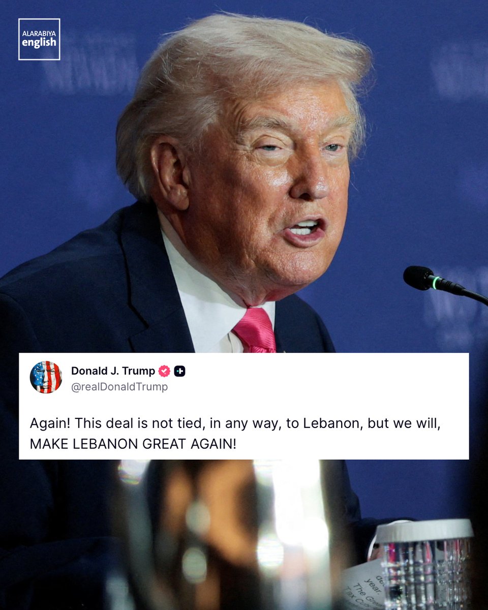 AlArabiya_Eng's tweet photo. US President Donald Trump thanks Pakistan and its leadership, calls it a “great and brilliant day for the world,” and says US-Iran deal is not tied to Lebanon while adding “we will make Lebanon great again.” https://t.co/CtipNwET4c