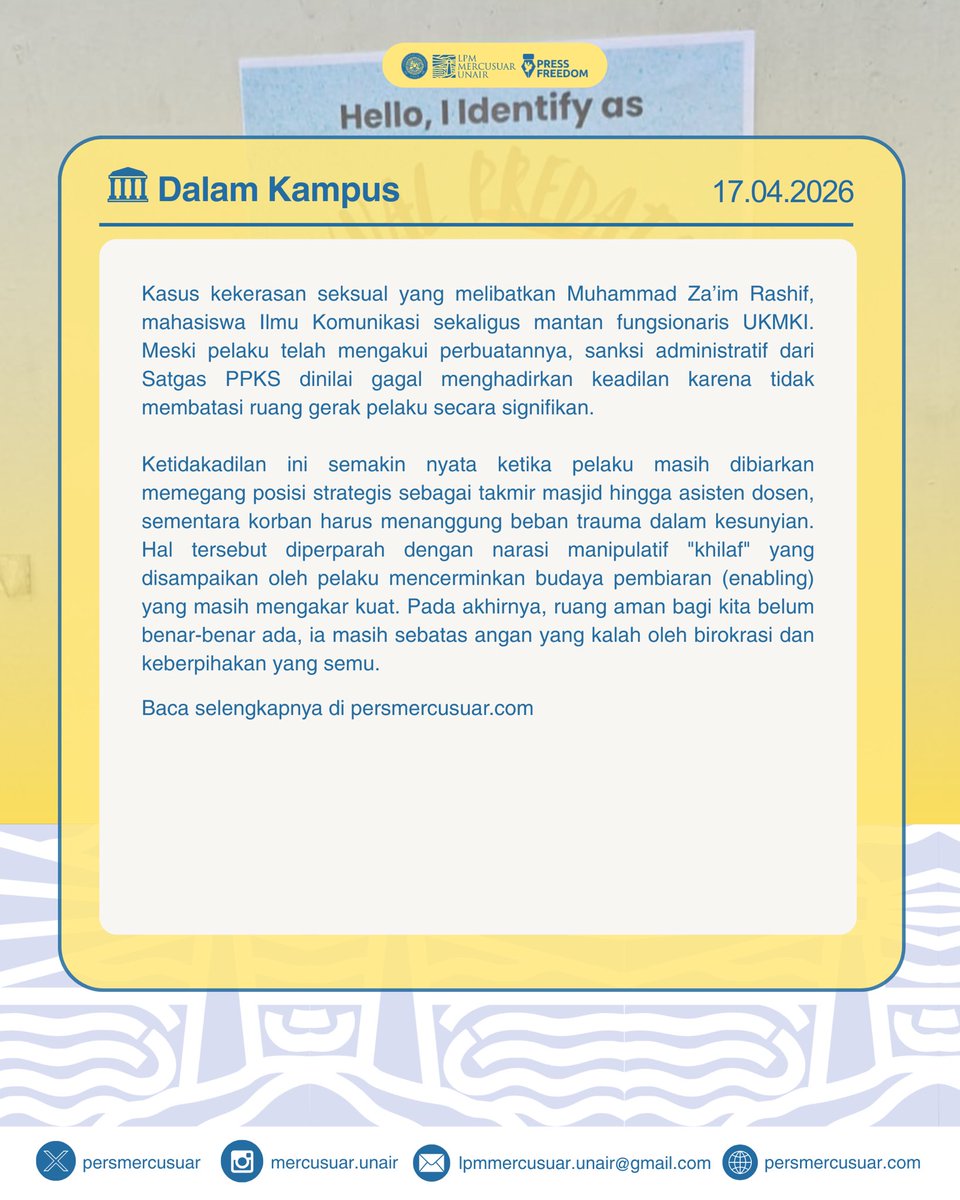 [DALAM KAMPUS]

Menggugat Ruang Aman: Benalu dan Kegagalan Sistem dalam Menangani Kasus Kekerasan Seksual

Kasus kekerasan seksual di lingkungan kampus kembali menunjukkan wajah lain dari ketidakadilan. Sanksi yang lemah dan budaya pembiaran membuat “ruang aman”