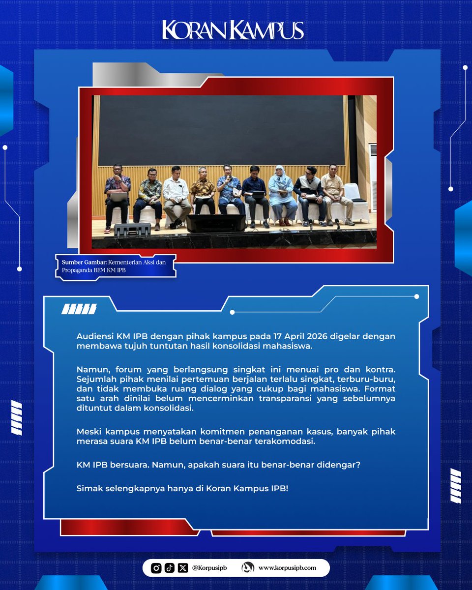 korpusIPB's tweet photo. IPB Darurat KS: Buntut Putusan IPB Melalui Audiensi Massa Antara Institusi dan Mahasiswa

KM IPB bersuara. Namun, apakah suara itu benar-benar didengar?

Simak selengkapnya hanya di Koran Kampus IPB!

Baca selengkapnya di website:
https://t.co/A4yYMsrL9X https://t.co/IIBzgrukNR