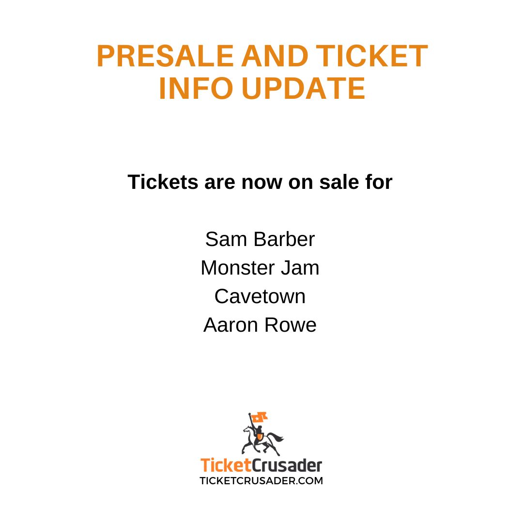TicketCrusader's tweet image. Tickets are on sale today for:

Sam Barber
Monster Jam
Cavetown
Aaron Rowe

Visit ticketcrusader.com now to make sure you get information and participate in the public sale!

#publicsale #tickets #ticketcrusader