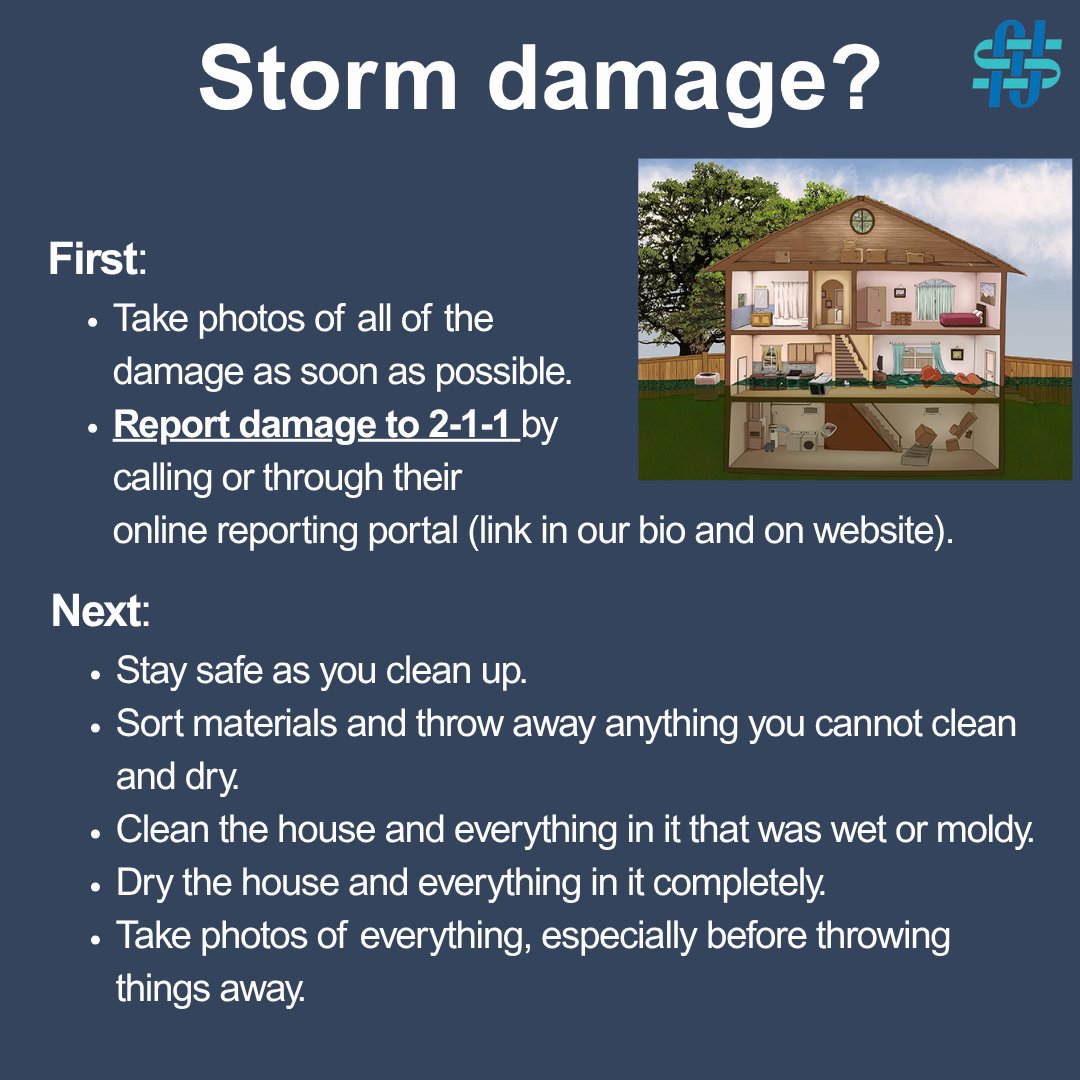 If your home sustained damages from the recent severe weather, please take pictures of the damage and report it to 211. You can do this either by calling 2-1-1 or by visiting the specific link listed in our bio and on our website. Remember these safety tips as well!