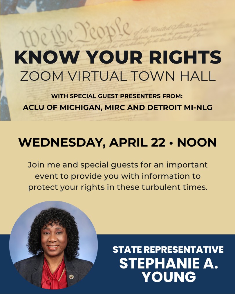Michimmigrant's tweet image. Join us Wednesday April 22 at noon for a virtual #KnowYourRights town hall with @StateRepSteph.
Register: us06web.zoom.us/webinar/regist…