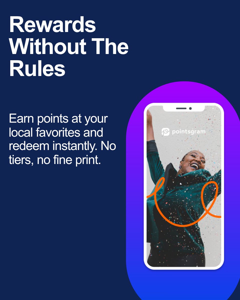 pointsgram's tweet image. Rewards without the rules.
Highlighting the simplicity of the app and the lack of complex tiers or minimum requirements.
 #rewards #shoplocal #retention #community #supportlocal #pointsgram #loyalty