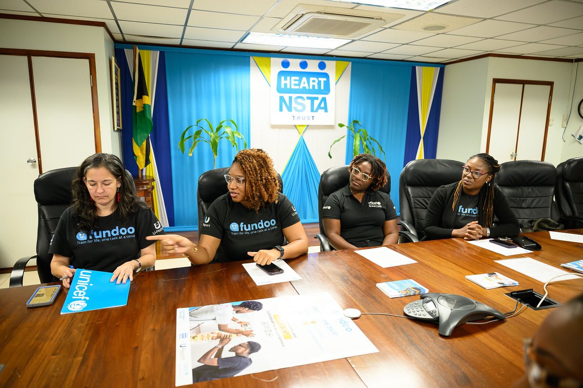 UNICEFJamaica's tweet photo. Available on @UReportJamaica, #FunDoo connects youth to practical learning on career exploration, digital literacy, entrepreneurship &amp; life skills.

Heads of @UNICEFJamaica &amp; @heartnstatrust lauded the partnership as helping position young Jamaicans to navigate the world of work. https://t.co/BfnOuyJqMf