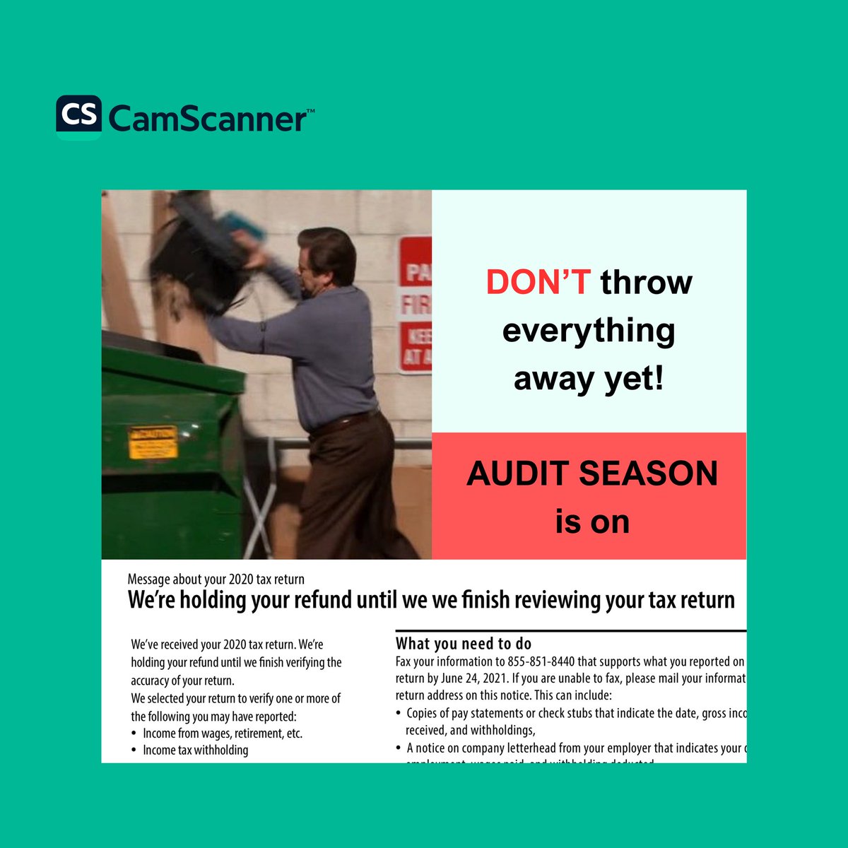 CamScanner's tweet image. Tax Season is finally over! But Audit Season is around the corner, don't let a faded receipt cost your an audit. Archive all your tax papers with CamScanner!  #camscanner #scannerapp #saveimportantdocsincamscanner #taxseason #avoidanaudit