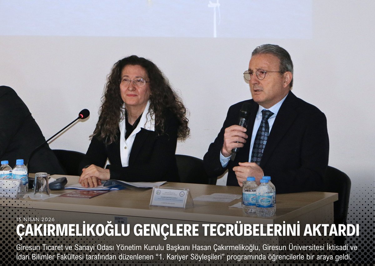 Giresun Ticaret ve Sanayi Odası Yönetim Kurulu Başkanı Hasan Çakırmelikoğlu, Giresun Üniversitesi İktisadi ve İdari Bilimler Fakültesi tarafından düzenlenen “1. Kariyer Söyleşileri” programında öğrencilerle bir araya geldi. giresuntso.org.tr/cakirmelikoglu…