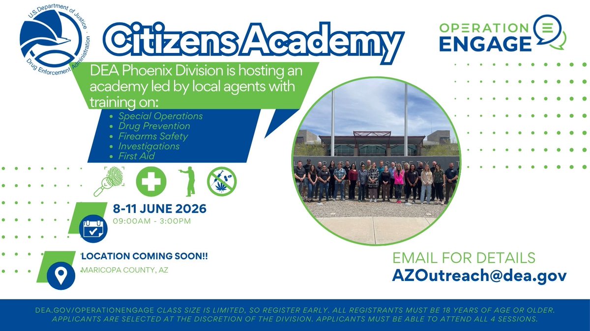 DEAPHOENIXDiv's tweet photo. Don't wait! We're recruiting now for the #OperationEngageMesa DEA Citizens Academy so get on the list! Join us from Jun 8-11 &amp; learn from our professionals how we take the fight to the cartels &amp; keep Arizona streets safe from the poisons peddled by the cartels

AZOutreach@dea.gov https://t.co/i22f25eK6b