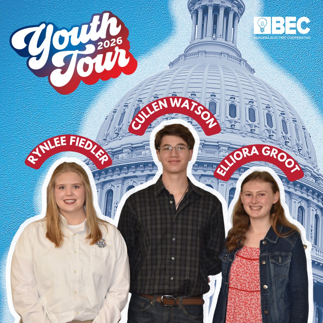 BEC is proud to announce our 2026 Government-in-Action Youth Tour winners! 🎉

Congratulations to Rynlee Fiedler, Cullen Watson, and Elliora Groot, who will represent BEC on an all-expenses-paid trip to Washington, D.C. this June!

🔗Read more: banderaelectric.com/news-releases/…