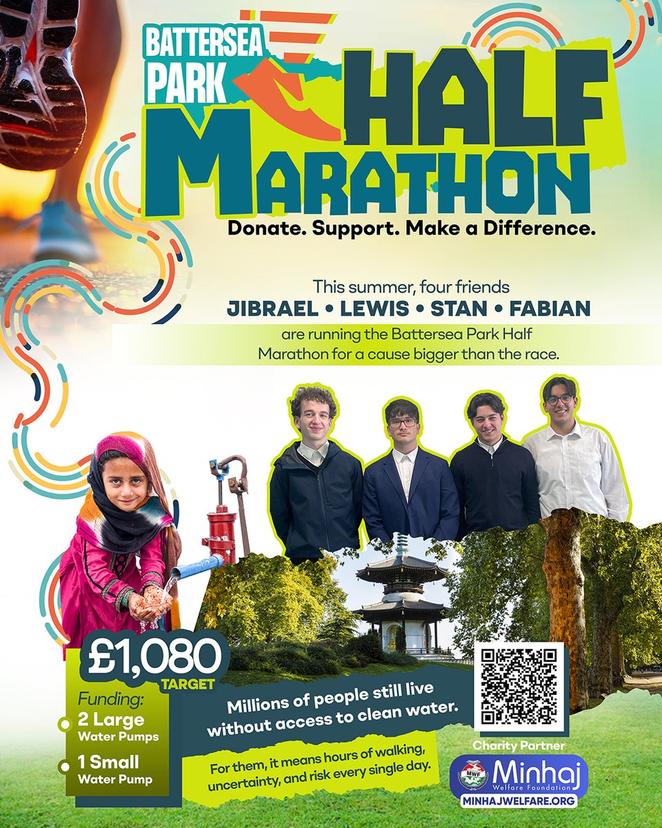 minhajwelfare's tweet image. 💧 Millions lack clean water.

🏃‍♂️ Four runners are taking on Battersea Park Half Marathon to help.

🤝 Support their goal &amp;amp; bring clean water to families in need.

🔗 justgiving.com/campaign/fourf…

#MWF #BatterSeaPark #HalfMarathon #WaterForAll #CleanWater #Fundraise