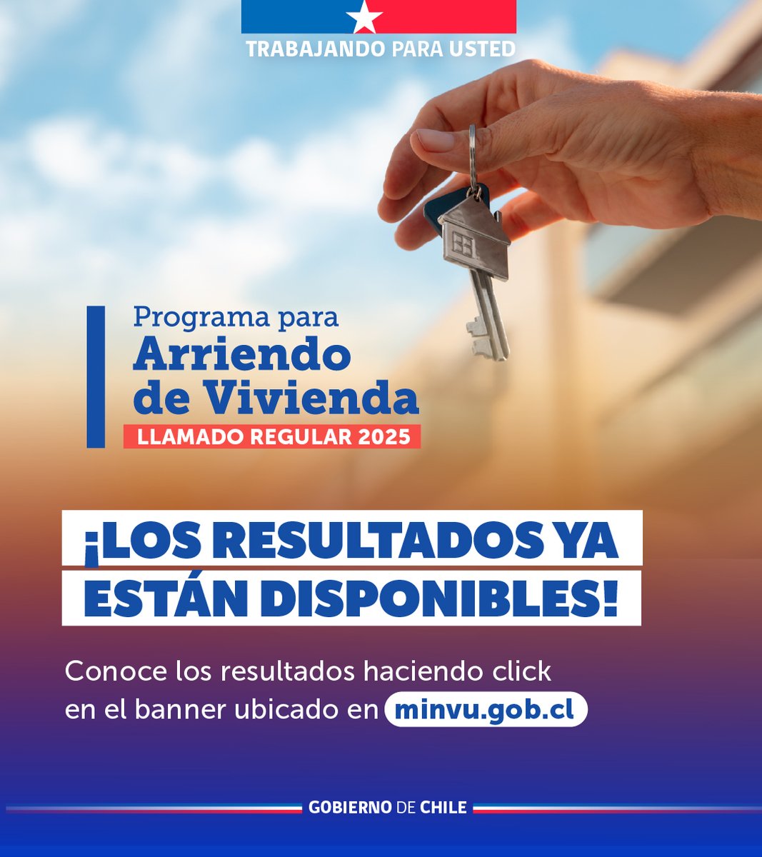 Minvu's tweet photo. 📢 ¡Ya están publicados los resultados de las postulaciones al Subsidio de Arriendo Regular!

🖱️ Conoce los resultados en https://t.co/gdKOGbuIEq, pinchando el banner, o en https://t.co/7XXtHbJv5L ingresando con tu Clave Única. https://t.co/nXMa1shh4m
