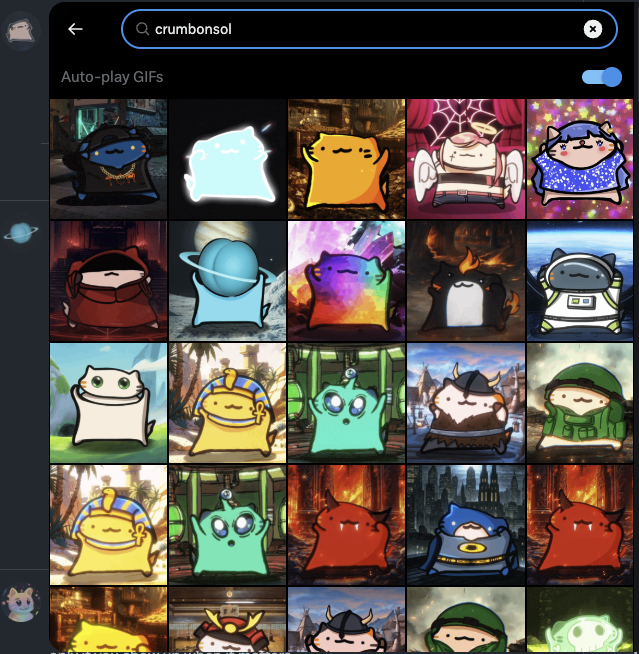 DCAT_on_sol's tweet photo. Did you know that we uploaded tons of self-made GIFs for Crumb on X, WhatsApp, Telegram, etc.? Just type "crumbonsol" and you'll find them all. 😼 https://t.co/m5KhrZU1w4