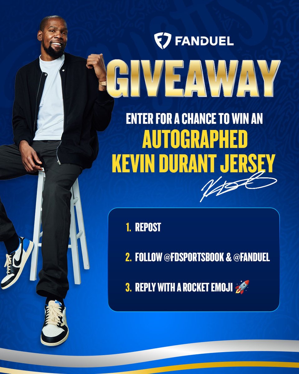 🚨 GIVEAWAY 🚨

The NBA Playoffs are ALMOST here &amp; to celebrate, we're giving away a signed <a href="/KDTrey5/">Kevin Durant</a> jersey to 3 lucky users! 🔥

For a chance to win: 
1️⃣ REPOST 
2️⃣ FOLLOW <a href="/FDSportsbook/">FanDuel Sportsbook</a> &amp; <a href="/FanDuel/">FanDuel</a>
3️⃣ REPLY with a rocket emoji 🚀

Rules: go.fanduel.com/KDJerseyGiveaw…