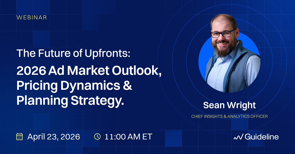 Guideline_ai's tweet image. What’s shaping upfront strategy in 2026?

Sean Wright breaks it down:
• Pricing shifts
• Linear vs. digital commitments
• Buyer vs. seller market dynamics

April 23 | 11 AM ET
Don’t miss it: guideline-ai.zoom.us/webinar/regist…

#AdTech #MediaPlanning #Upfronts #Webinar