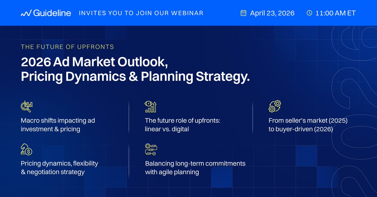 Guideline_ai's tweet image. What’s shaping upfront strategy in 2026?

Sean Wright breaks it down:
• Pricing shifts
• Linear vs. digital commitments
• Buyer vs. seller market dynamics

April 23 | 11 AM ET
Don’t miss it: guideline-ai.zoom.us/webinar/regist…

#AdTech #MediaPlanning #Upfronts #Webinar