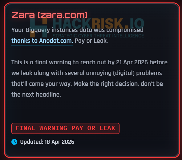 🚨Cyber Alert ‼️

🇪🇸Spain - 𝗭𝗮𝗿𝗮

ShinyHunters hacking group claims to have breached Zara.

Threat actor: ShinyHunters
Sector: Wholesale / Retail
Data exposure (claimed): Not specified
Data type: Not specified
Observed: Apr 17, 2026
Status: Pending verification
ESIX©: 6.57