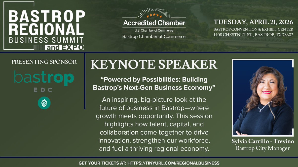 BastropTXEDC's tweet image. Don’t miss keynote speaker Sylvia Carrillo-Trevino at the Bastrop Regional #BusinessSummitExpo as she shares a bold vision for building Bastrop’s next-generation business economy.

🎟️ Sign up: tinyurl.com/regionalbusine…

#EconomicDevelopment #Leadership #FutureReady