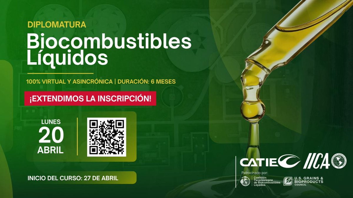 📢 Se extiende el plazo de inscripción

La Diplomatura en Biocombustibles Líquidos, impulsada por el Instituto Interamericano de Cooperación para la Agricultura y CATIE, y patrocinada por la Coalición Panamericana de Biocombustibles Líquidos y el U.S. Grains Council, extiende su