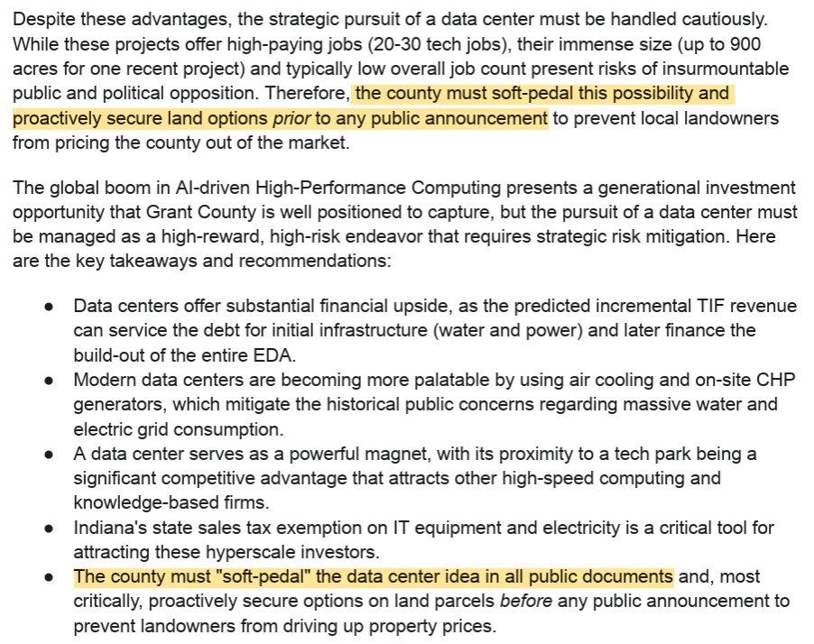 A consultant report prepared for Grant County, IN commissioners recommended they "soft-pedal the data center idea in all public documents" to limit public and political opposition and prevent property owners from getting a fair price on their land👀