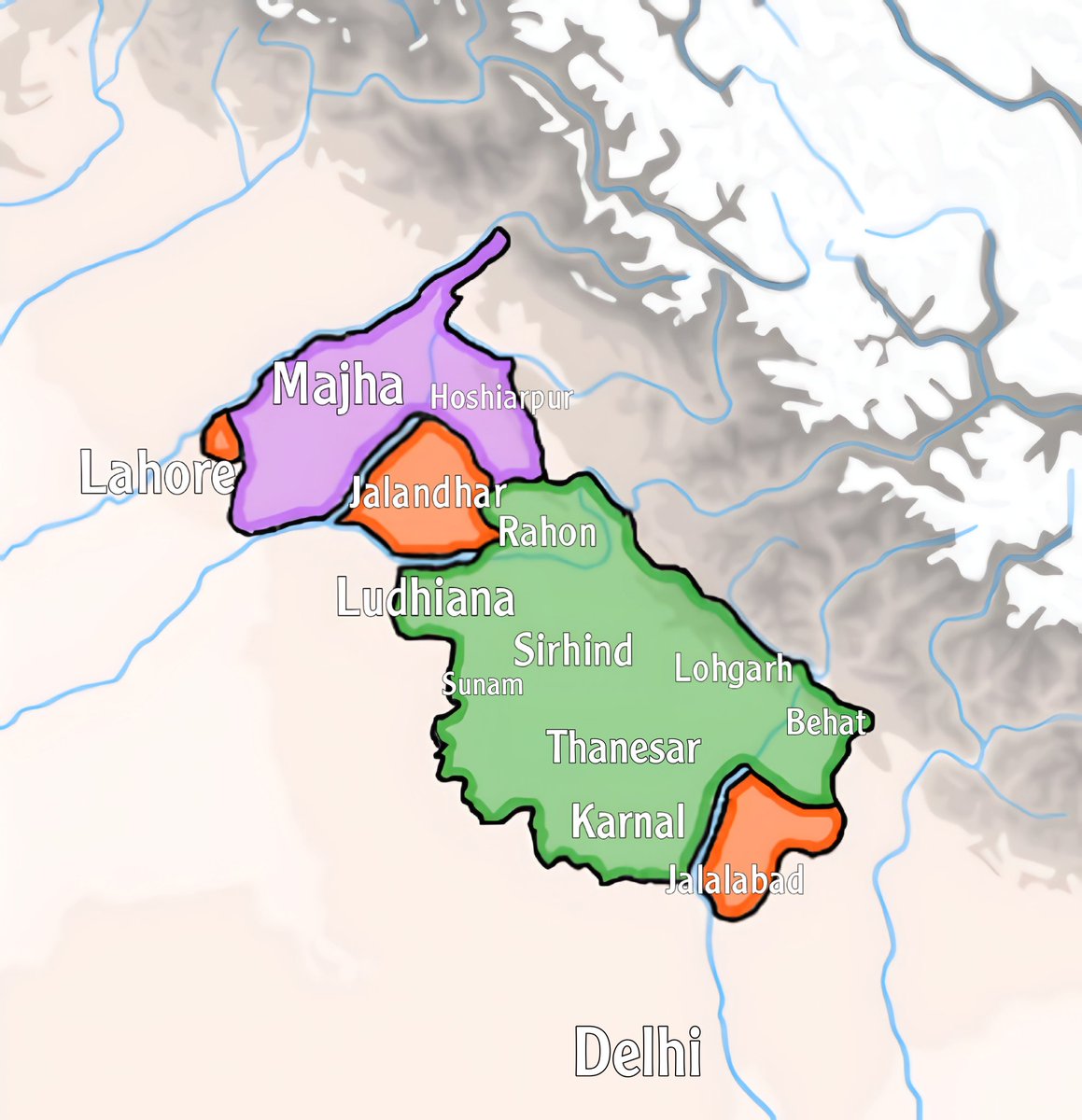 Extent of banda bahadur's rule 
Green : core territory 
Purple: hands exchanged with mughals and local(majhail) sikh uprising 
Orange: raids