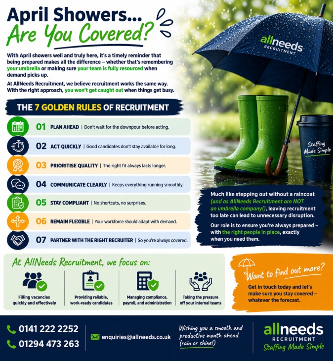 AllneedsRecruit's tweet photo. ☔ April Showers… Are You Covered?

With the unpredictable April weather in full swing, it’s a good reminder 

We’ve put together our “7 Golden Rules of Recruitment” to help businesses stay one step ahead and avoid those last-minute staffing headaches.

#AprilShowers https://t.co/scwS347Woo