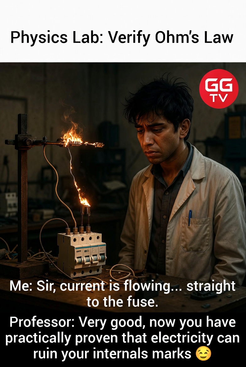 TGoyalji's tweet image. Practical gone wrong ⚡
Came to verify Ohm’s Law, ended up verifying my fate.

#PhysicsLab #OhmsLaw #EngineeringLife #StudentLife #LabFails #ScienceMemes #CollegeLife #Relatable #OopsMoment