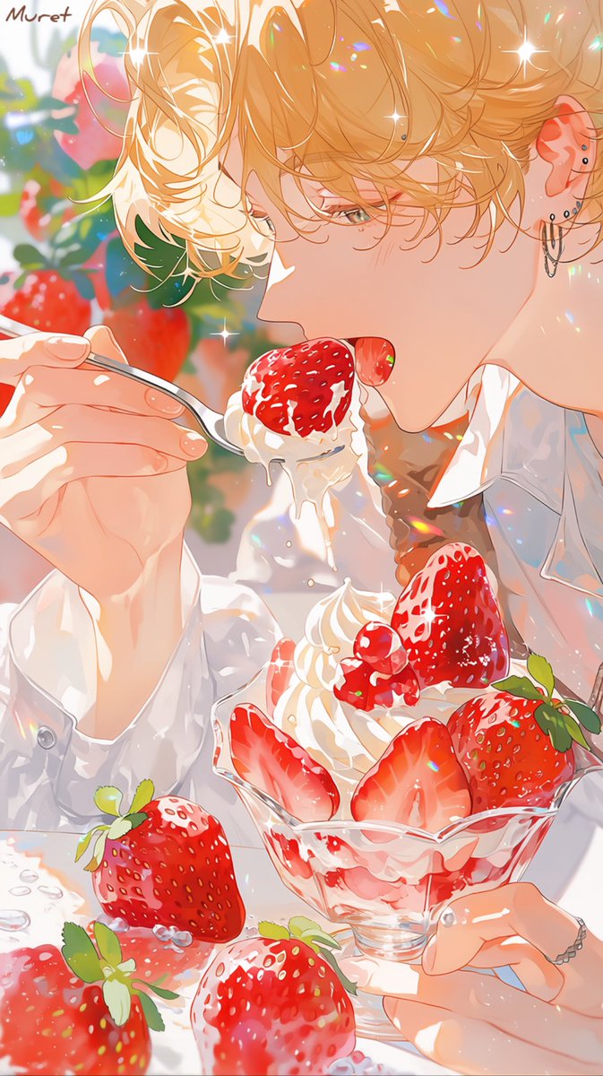 ArtMuret's tweet image. 春の苺スイーツを美味しそうに
食べようとしてる金髪青年🍓
A blond young man trying to 
enjoy a spring strawberry sweet

#お菓子の物語 #muretart #AIart #AIイラスト