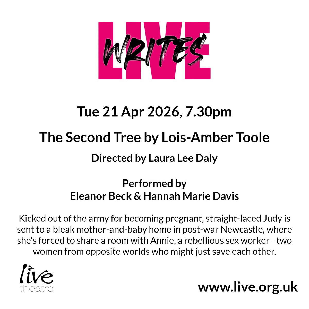 LiveTheatre's tweet photo. Creatives confirmed for 2/4 short plays in our next #LiveWrites taking place this coming Tue 21 Apr, 7.30pm are: 
🎭 'The Second Tree'
✍️ Written by Lois-Amber Toole @loisamber 
🎬 Directed by Laura Lee Daly
⭐️ Performed by Eleanor Beck & Hannah Marie Davis
Find out more & get your 📷 asap £8-£10 at🎟️ https://t.co/CUxf0Dsmom