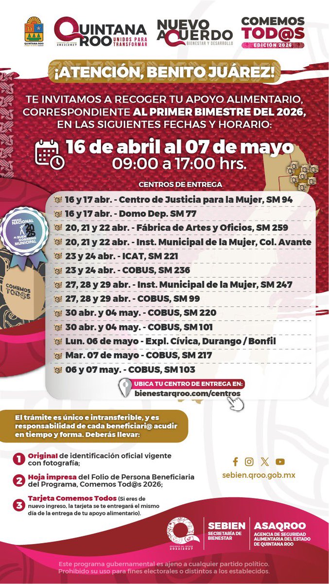 MaraLezama's tweet image. 📣 Amigas y amigos de #BenitoJuárez

Si son beneficiari@s del programa Comemos Tod@s les recordamos que continúan las entregas de los paquetes alimenticios. 📦 

En este enlace pueden descargar su comprobante de persona titular beneficiaria 
📲 sebien.qroo.gob.mx/comemostodasyt…