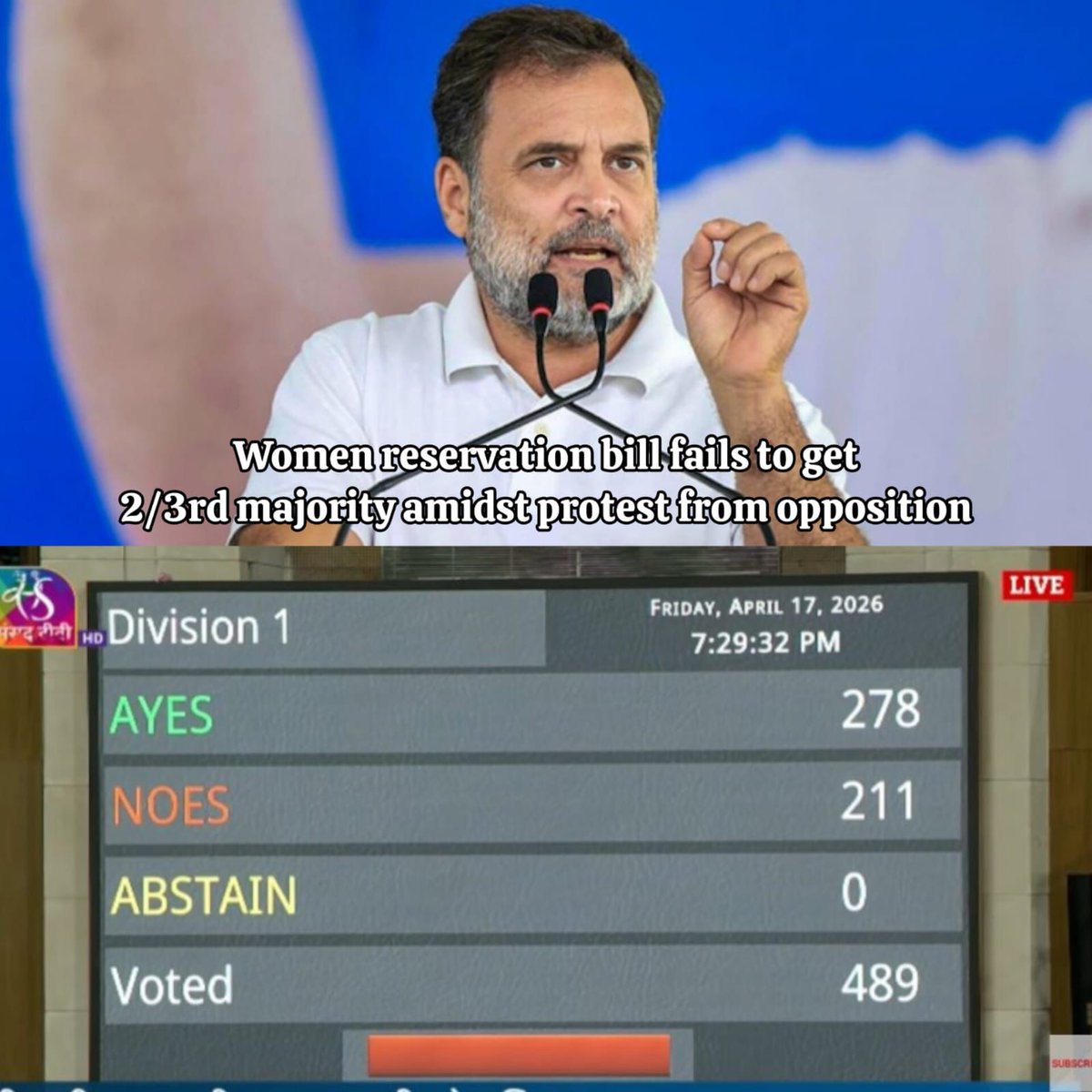 A significant step was attempted today, but numbers did not align for the Women’s Reservation Bill to pass. The 278 to 211 vote reflects how crucial consensus is when it comes to women’s empowerment. #AntiWomenAlliance #महिला_विरोधी_कांग्रेस #MahilaVirodhiCongress