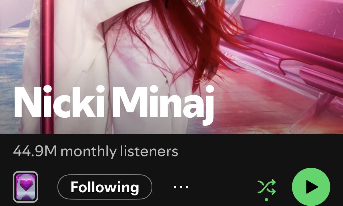 📈 | Nicki Minaj gained 76,580 monthly listeners on 
Spotify on Thursday, April 16

She now totals 44.92 million listeners on the platform.