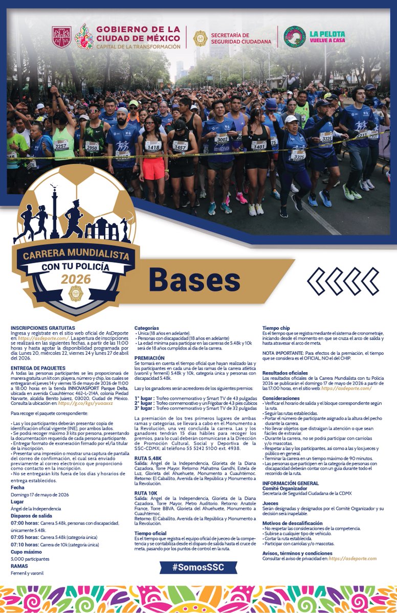 PBI_SSC's tweet image. ¡Forma parte de la #CarreraMundialista con tu Policía! 🏃🏃🏻

La #PBI invita a todo el personal a participar en este gran evento deportivo, fomentando la convivencia, el trabajo en equipo y el bienestar físico.

No te quedes fuera y asegura tu lugar, la apertura de inscripciones