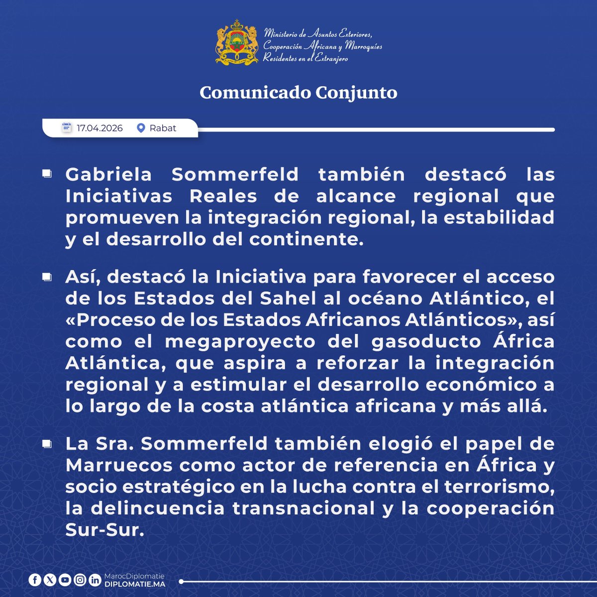 DiplomaciaM's tweet photo. La República del Ecuador ha expresado su profundo reconocimiento por el Liderazgo de SM en África,al tiempo que ha elogiado las reformas estructurales emprendidas por Marruecos en favor del desarrollo político,económico y social,y la consolidación de su estabilidad y prosperidad https://t.co/bHCnROG9yv