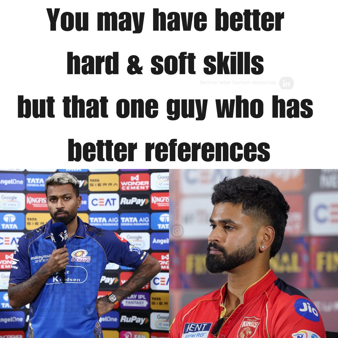 TechnoWise_ind's tweet image. Aap kitne hi SHREYAS ho, sifarish bina kaam kaha chalta;
Sifarish ho toh cricket/corporate, aapka HARDIK abhinandan karta!

#Corporate #Staffing #Services
#Recruitment #Friday #IPL #Referrals #Meme #Cricket #ShreyasIyer #HardikPandya #CricketTwitter

Follow: #TechnoWise_India