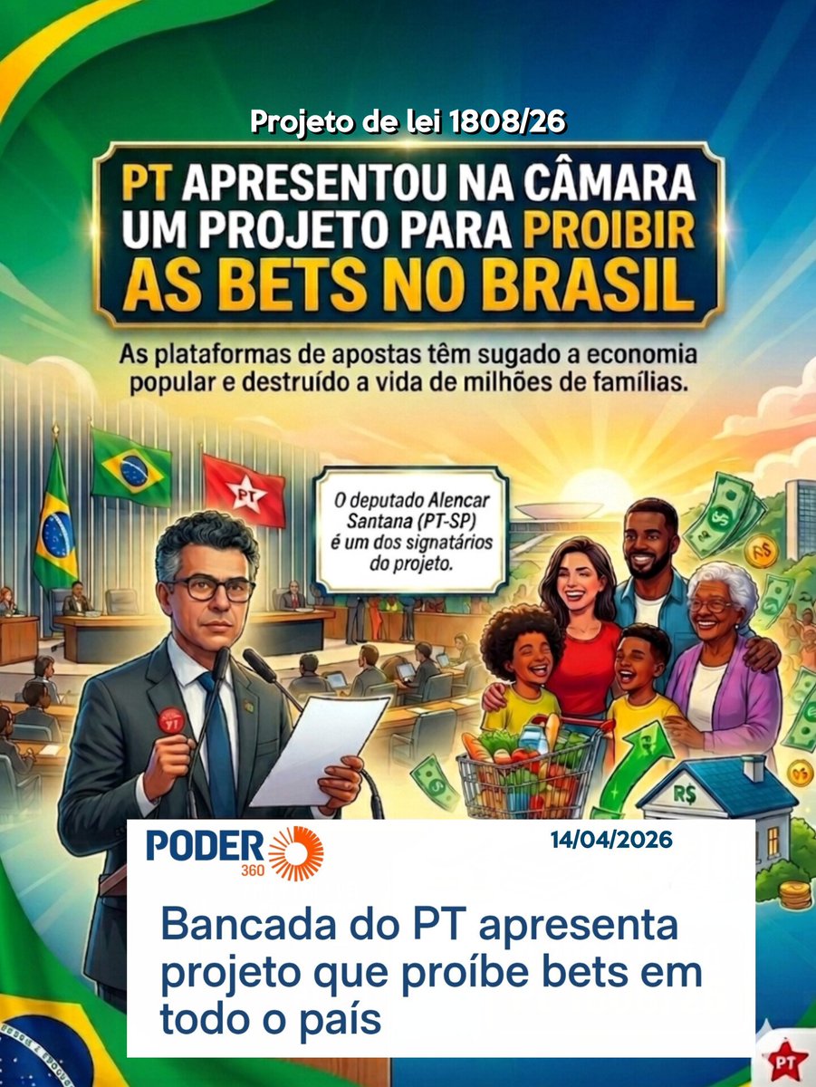 📝 A bancada do <a href="/PTnaCamara/">PT na Câmara</a> apresentou esta semana um projeto de lei (PL 1808/2026) que proíbe a exploração, a oferta, a promoção e a facilitação de apostas de quota fixa em todo o território nacional. A proposta, da qual sou signatário, também revoga dispositivos das Leis nº