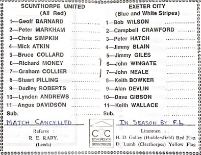 Line-ups for Scunthorpe v Exeter, April 1974 - a match that was never played. Exeter didn't travel saying they had too many injuries but the League disagreed and awarded Scunthorpe the points. This would have been one of the last games for Leeds referee Bob Raby (1970-1974).