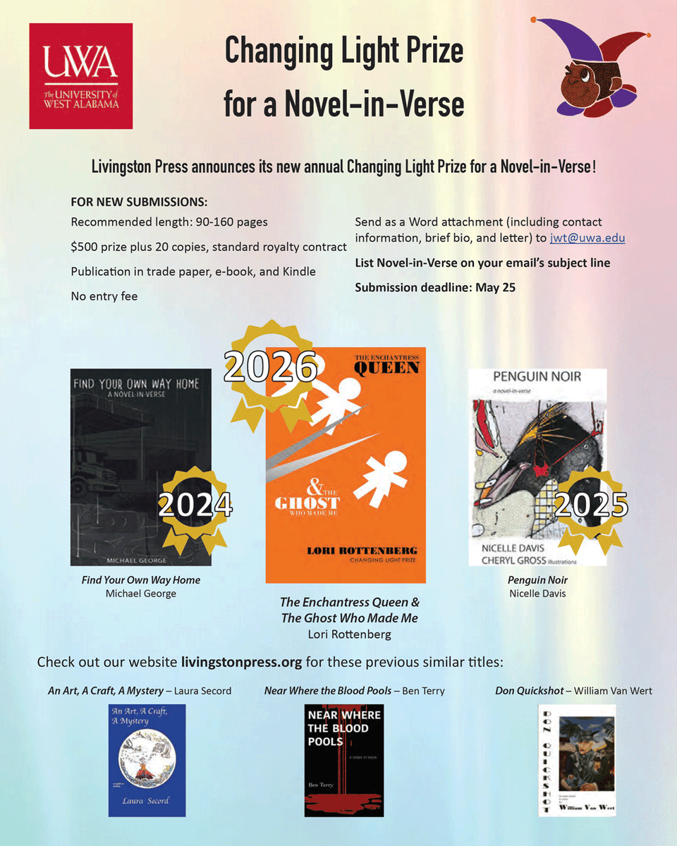 newpages's tweet image. Working on a novel-in-verse? @livingstonpress wants to see it. Their Changing Light Prize is open through May 25.

Send manuscript via email. No hoops, no fees, just your work. If you've been sitting on a novel-in-verse, now's the time.

#writingcontest newpages.com/blog/where-to-…