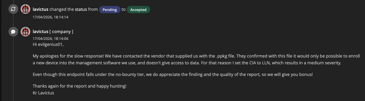 EvilGenius75414's tweet image. Got paid on a no bounty VDP. 

#VDP #intigriti #CyberSecurity #bugbounty #vulnerabilitydisclosure