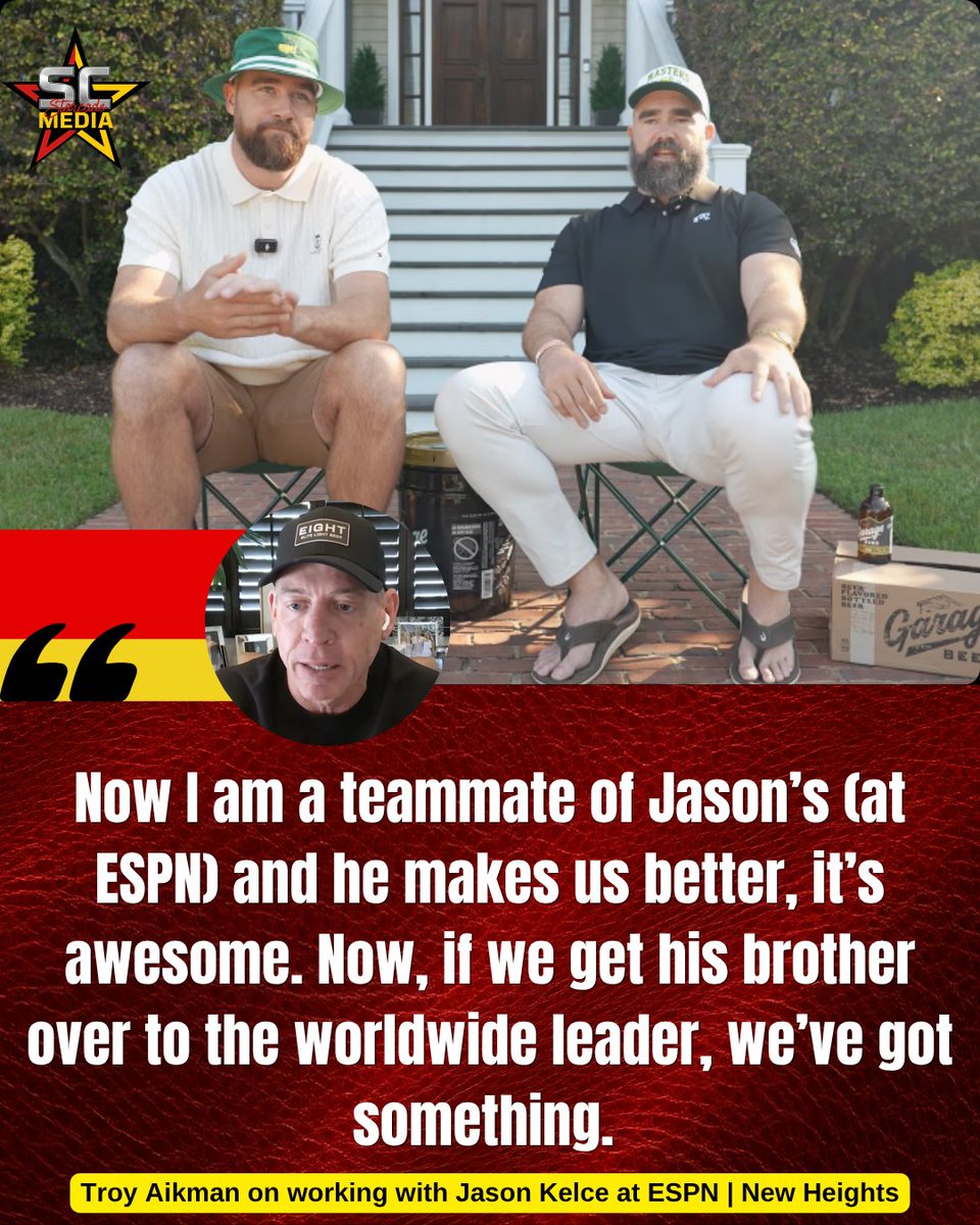 StarcadeMediaKC's tweet image. Troy Aikman praises ESPN teammate Jason Kelce and makes his pitch to Travis to join the worldwide leader.  #NewHeights