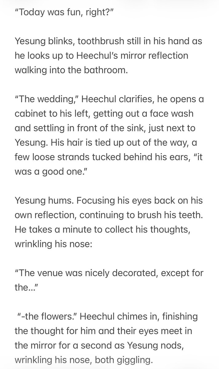 isintohyukjae's tweet photo. 📖 #yechul drabble, canon, sweet
“With your taste it would the most beautiful wedding anyone would ever have seen,” Heechul says, “and my beauty of course.” He adds cheekily.
🔗 https://t.co/3vkVRwzw1y https://t.co/KYzRmW73tx