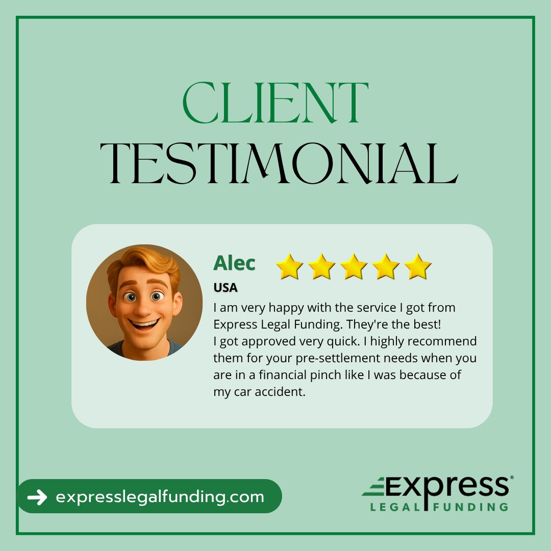FundingExpress's tweet photo. ⭐️ Client Shoutout ⭐️

Real stories. Real relief. 💬

When unexpected expenses hit during a case, having support can make all the difference. We’re here to help you move forward with confidence.

Thank you, Alec, for trusting Express Legal Funding 💚

#ExpressLegalFunding #legal https://t.co/llQUiddB7L