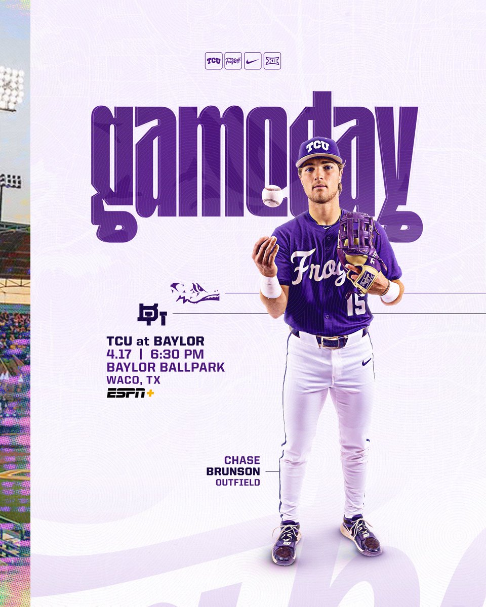 TCU_Baseball's tweet photo. taking on the Bears ‼️

🆚 Baylor  
⏰ 6:30 PM
🏟️ Baylor Ballpark
📺 ESPN+
🔗 https://t.co/l5xd55nIeA

#GoFrogs | #FrogballUSA https://t.co/Uf2vj0fhOg