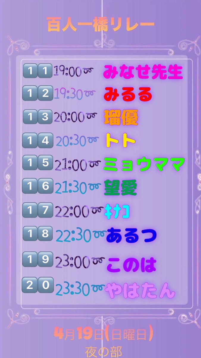 alan_spoonevent's tweet photo. 最新版です

全体➕
1~30走者
 #百人一橋
 #百人一橋7
 #あらんとみんなの��画 https://t.co/L8PbbjMof1