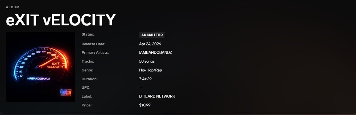 IAMBANDOBANDZ's tweet image. 4TH ALBUM IN 5 MONTHS, 50 TRACKS, THIS IS EXIT VELOCITY #NEWMUSIC #MUSIC #UNDERGROUND #FRESH #PROTESTRAP @unitedmasters @clevelanddotcom